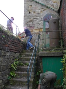 Climbing up to the main level from the pumping shaft side.