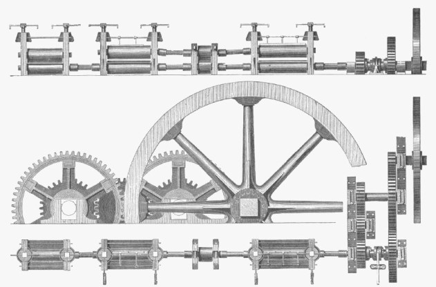 engraving of Reverse Rolling mill at Elsecar Ironworks in 1867