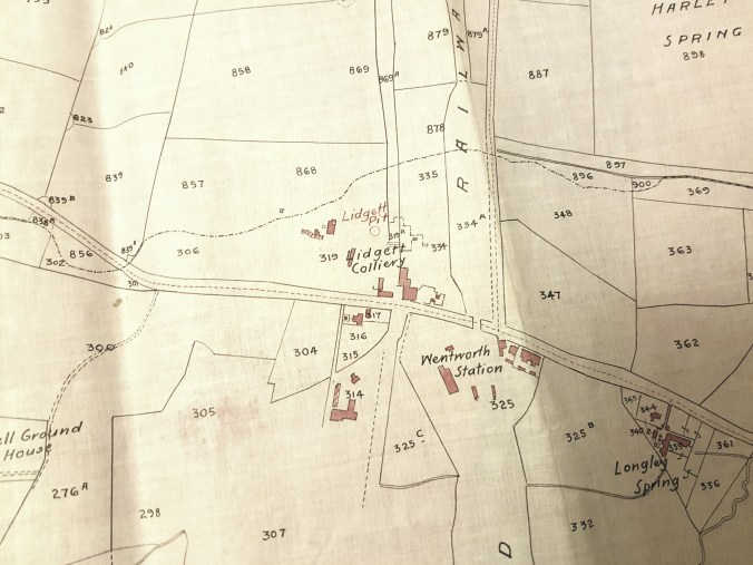 Plan with coloured outlines of buildings at and around Lidgett Colliery c.1909