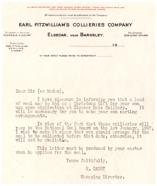 Christmas Coal letter from Earl Fitzwilliam's Collieries Company