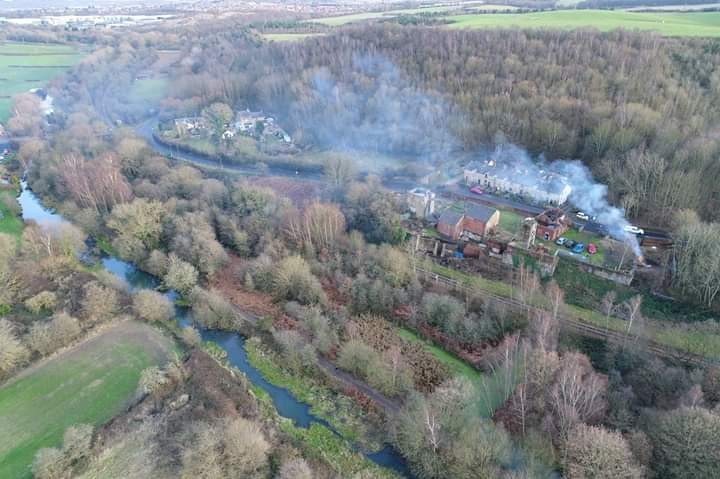 Drone high view of modern day Hemingfield Colliery site, with Elsecar branch of the Dearne and Dove Canal seen below the pit