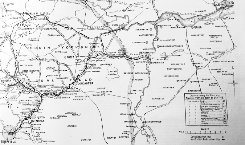 Line map of the Sheffield and South Yorkshire Navigation canal system (branches and collieries served between South Yorkshire and the Humber) in Dec 1894, including the Elsecar branch of the Dearne and Dove Canal (from The Engineer, vol.78, 28 Dec 1894, p.569)