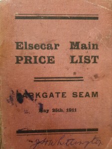 Image if the printed Elsecar Main colliery price list for working the Parkgate seam as agreed between arbitrators for the owner Earl Fitzwilliam and for the working miners.