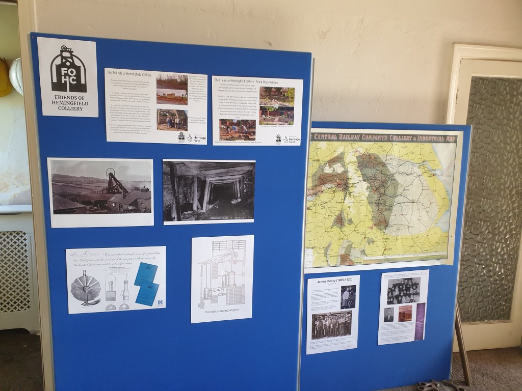 Exhibition boards with historical exhibition information on the pit and the work of the Friends of Hemingfield Colliery