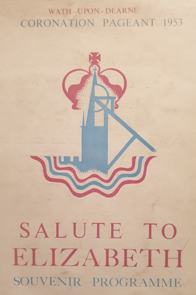 Front cover of Wath upon Dearne's coronation pageant souvenir programme 'Salute to Elizabeth', 1953. It includes an emblem with red and blue details -combining Wath parish church tower and steeple, with a pit winding wheel and headgear - both in blue, with a red crown above. Beneath which 2 red wavy lines enclose a blue wavy line indicating the River Dearne.