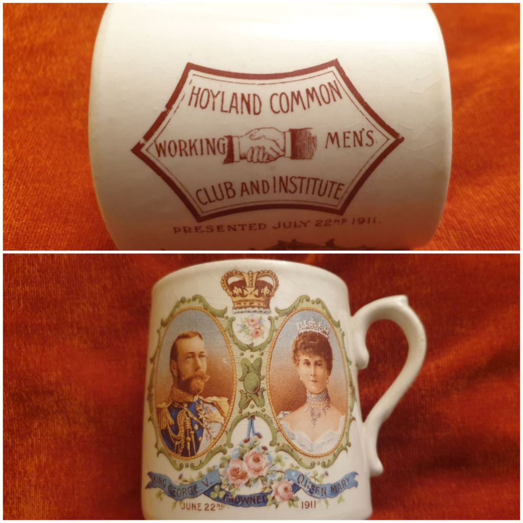 Two photographs collaged to show two sides of a souvenir coronation cup from 1911. One image has details of two colour portraits of King George V and Queen Mary. The other has a cartouche device acknowledging Hoyland Common Working Men's Club and Institute.