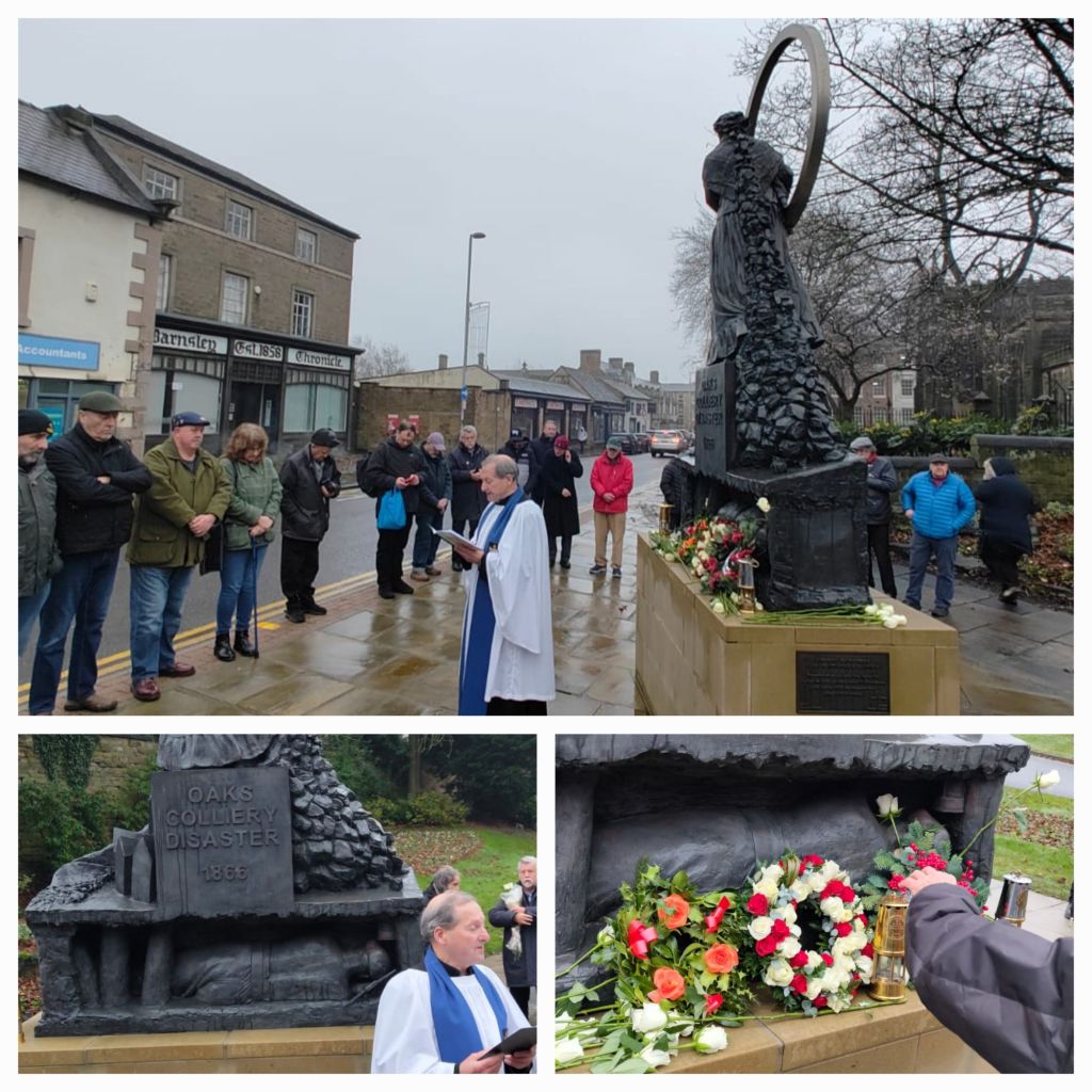 Three photographs in a collage depicting the gathering of local people stood around the Oaks memorial in Barnsley for a commemorative service given by a minister for those who died in England's greatest colliery disaster in December 1866. 